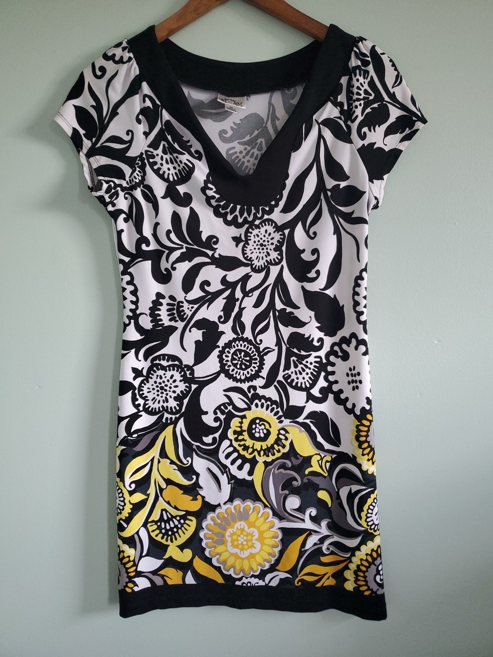 Sweet Storm Black, White & Yellow Floral V-Neck Mini Dress